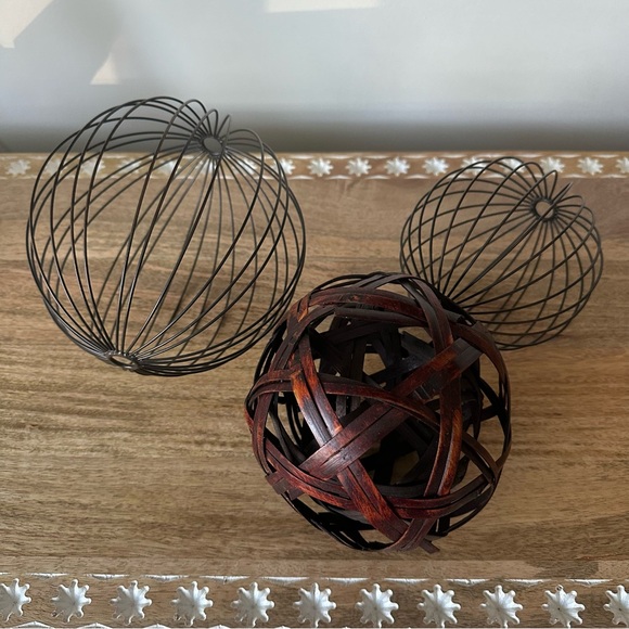 Set of 3 Decorative Metal and Wood Brown Spheres Ball Home Decor - Picture 2 of 5